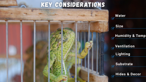 A green chameleon grips the bars of a wooden enclosure. On the right, a checklist titled “KEY CLOSURE CONSIDERATIONS” includes water, size, humidity & temp, ventilation, lighting, substrate, and hides & decor. // Healthier Pets Today