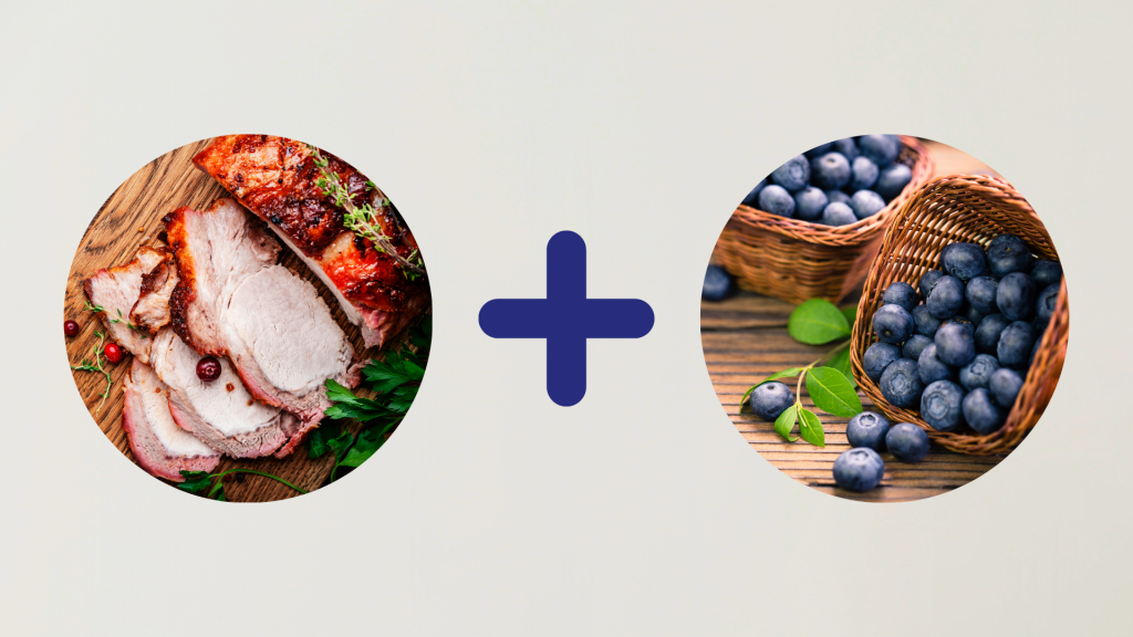Sliced roasted turkey on a wooden board appears on the left, while fresh blueberries in wicker baskets are shown on the right, with a bold plus sign in between. This visual represents the Ollie turkey dish with blueberries, one of the best fresh dog food options for sensitive stomachs // Healthier Pets Today
