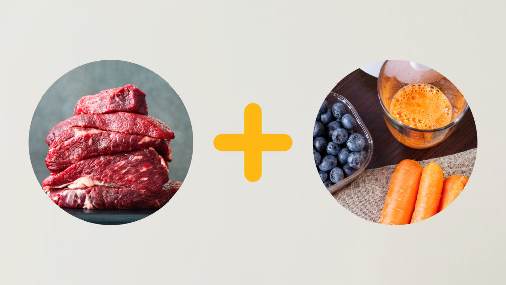 A stack of raw beef cuts is shown on the left, paired with a plus sign in the center, and a mix of carrots, blueberries, and carrot juice on the right. This combination represents the Raised Right Adult Beef recipe, one of the best fresh dog food options for large breeds // Healthier Pets Today