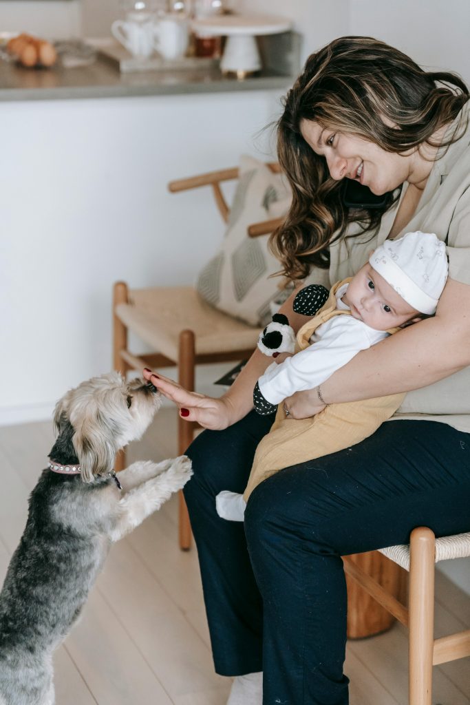 Dogs and Babies, Cheerful woman with infant baby playing with dog // Healthier Baby Today