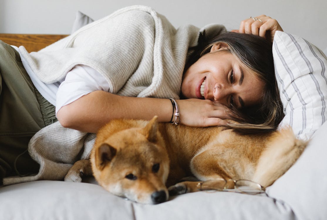 Pet Couch Covers, Happy woman lying on sofa with cute purebred dog // Healthier Pets Today