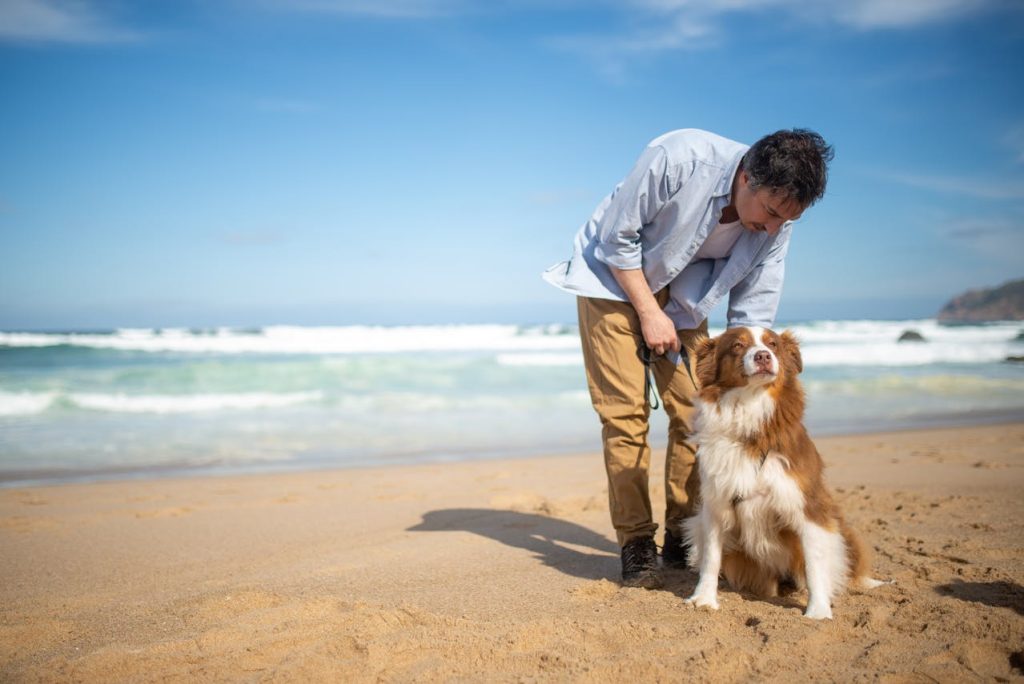 A Man in Blue Polo Shirt Standing on Shore with a Brown Long Coated Dog // Healthier Pets Today