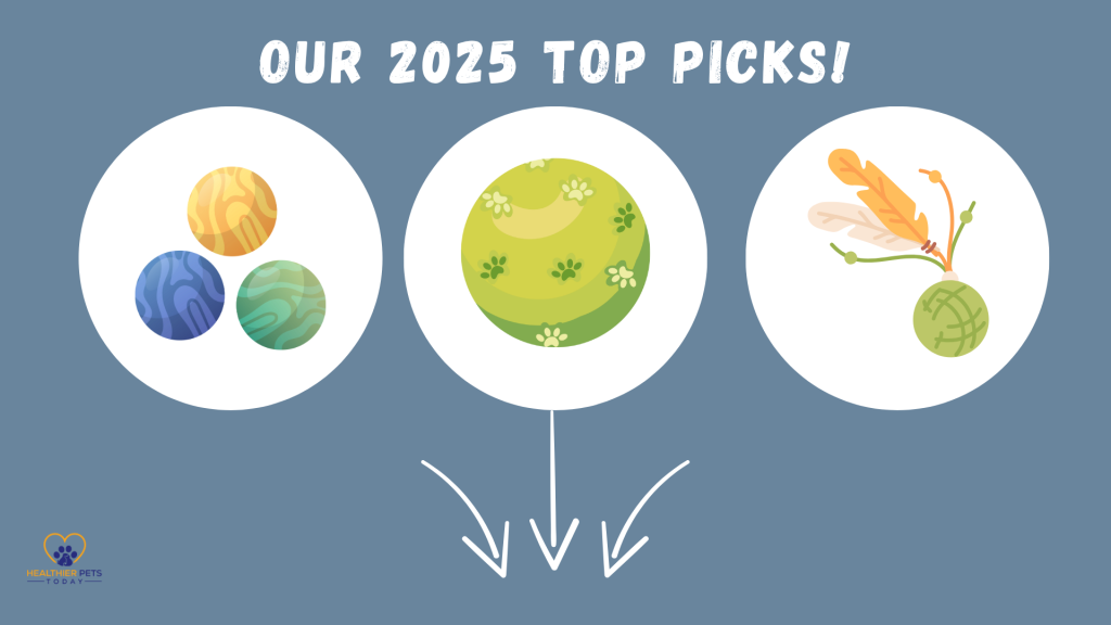 Illustration of three colorful catnip toy balls labeled as 2025 top picks, including a feathered toy and paw print design // Healthier Pets Today