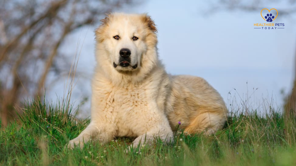 Central Asian Shepherd laying on grass with trees in the background // Healthier Pets Today