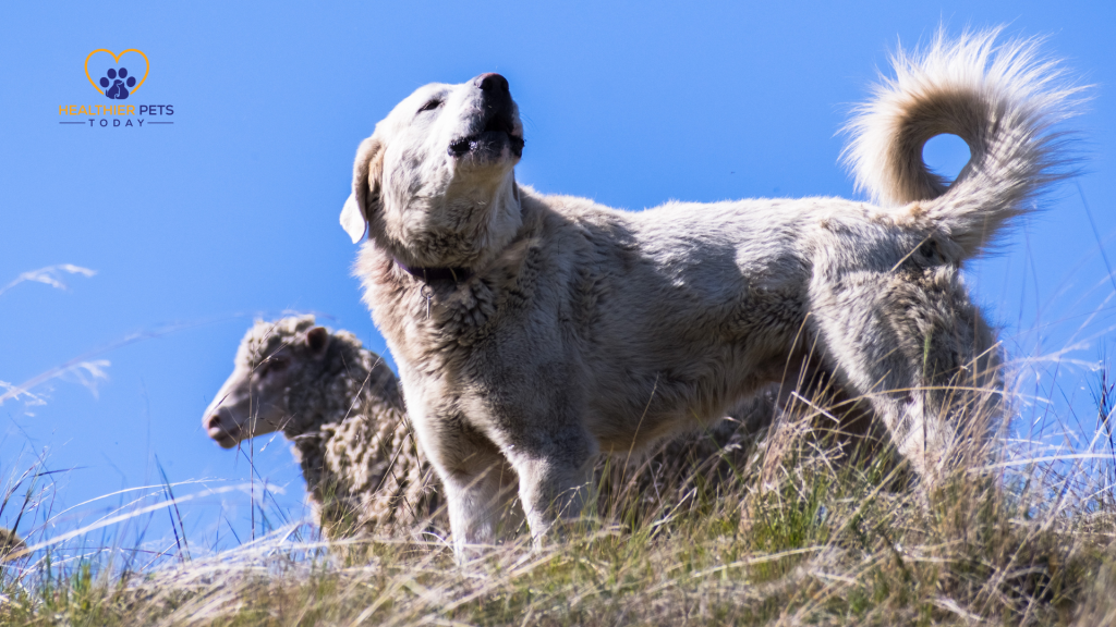 Akbash standing next to a sheep and barking // Healthier Pets Today