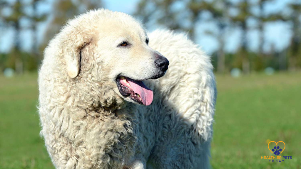 Kuvasz standing on grass with its mouth open // Healthier Pets Today