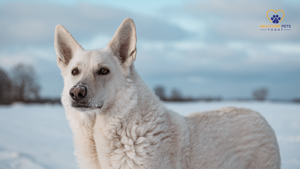 White Swiss Shepherd standing in snow looking into the distance // Healthier Pets Today
