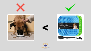 Comparison graphic with a red X showing a dog eating quickly from a bowl, and a green checkmark showing a blue licking mat as the better option. Healthier Pets Today logo at the bottom. // Healthier Pets Today