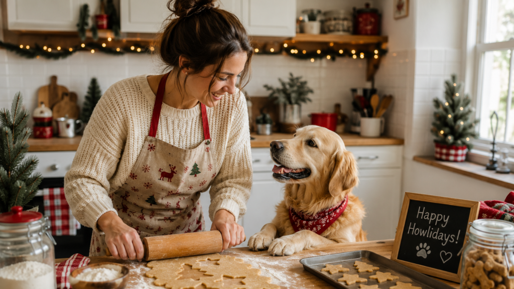 Person rolling out festive homemade Christmas Dog Treats while a happy Golden Retriever watches from the kitchen counter, with star-shaped dog biscuits, cookie cutters, and Christmas decorations creating a cozy holiday baking scene // Healthier Pets Today