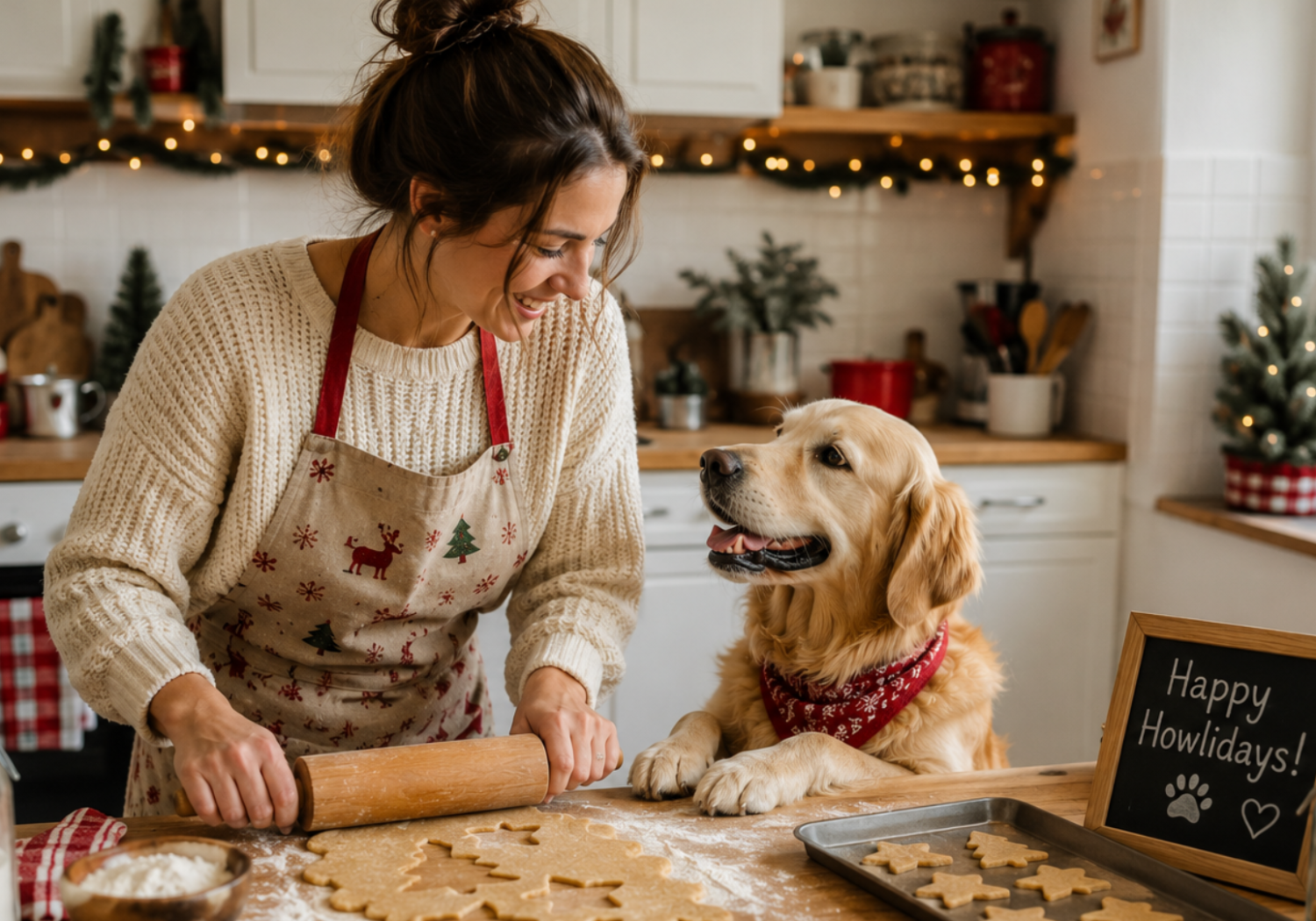 Person rolling out festive homemade Christmas Dog Treats while a happy Golden Retriever watches from the kitchen counter, with star-shaped dog biscuits, cookie cutters, and Christmas decorations creating a cozy holiday baking scene // Healthier Pets Today