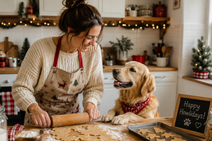Person rolling out festive homemade Christmas Dog Treats while a happy Golden Retriever watches from the kitchen counter, with star-shaped dog biscuits, cookie cutters, and Christmas decorations creating a cozy holiday baking scene // Healthier Pets Today