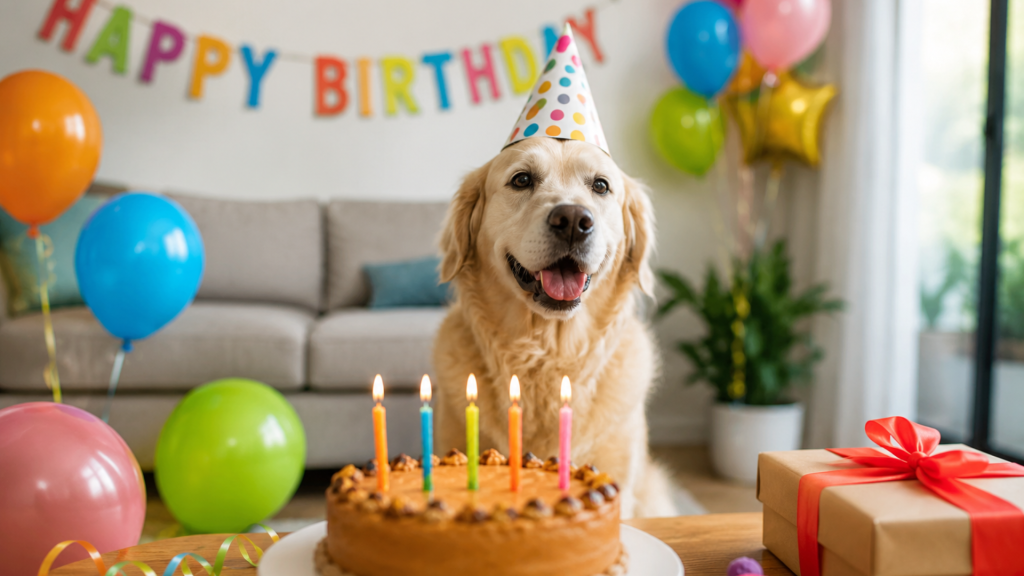 Happy dog celebrating a Dog Birthday wearing a colorful party hat, sitting behind a birthday cake with lit candles, surrounded by balloons, presents, and festive decorations in a bright living room // Healthier Pets Today