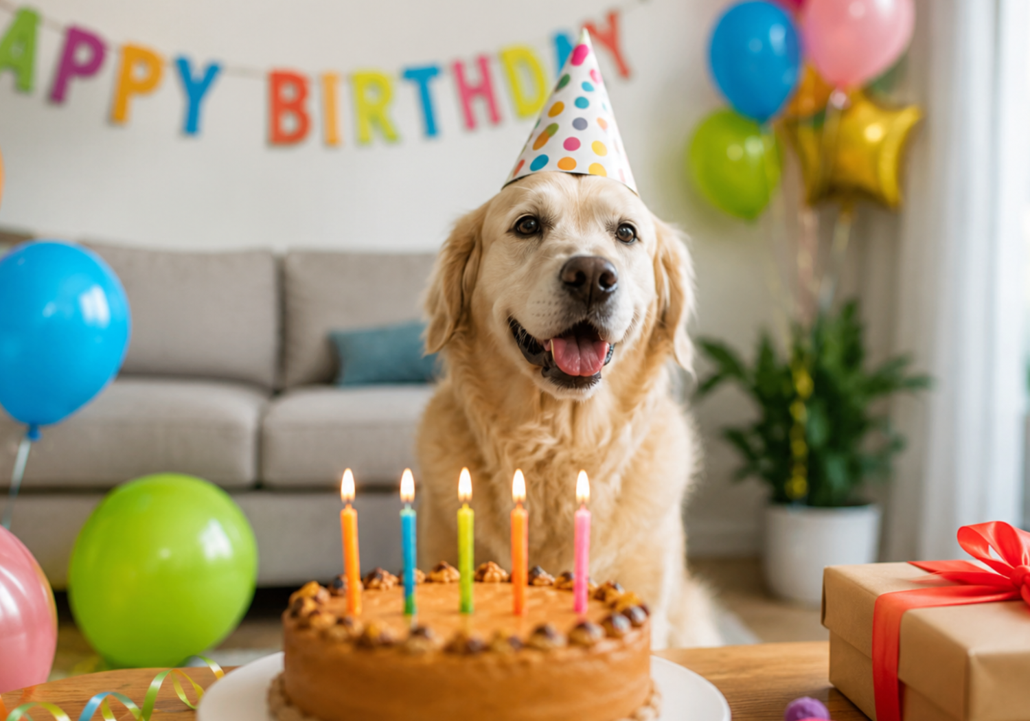 Happy dog celebrating a Dog Birthday wearing a colorful party hat, sitting behind a birthday cake with lit candles, surrounded by balloons, presents, and festive decorations in a bright living room // Healthier Pets Today