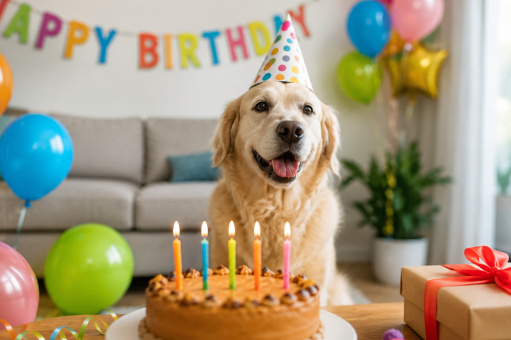 Happy dog celebrating a Dog Birthday wearing a colorful party hat, sitting behind a birthday cake with lit candles, surrounded by balloons, presents, and festive decorations in a bright living room // Healthier Pets Today