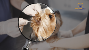 A magnified view of a vet cleaning a small dog’s ear with a cotton swab, highlighting the importance of ear care in dogs. // Healthier Pets Today