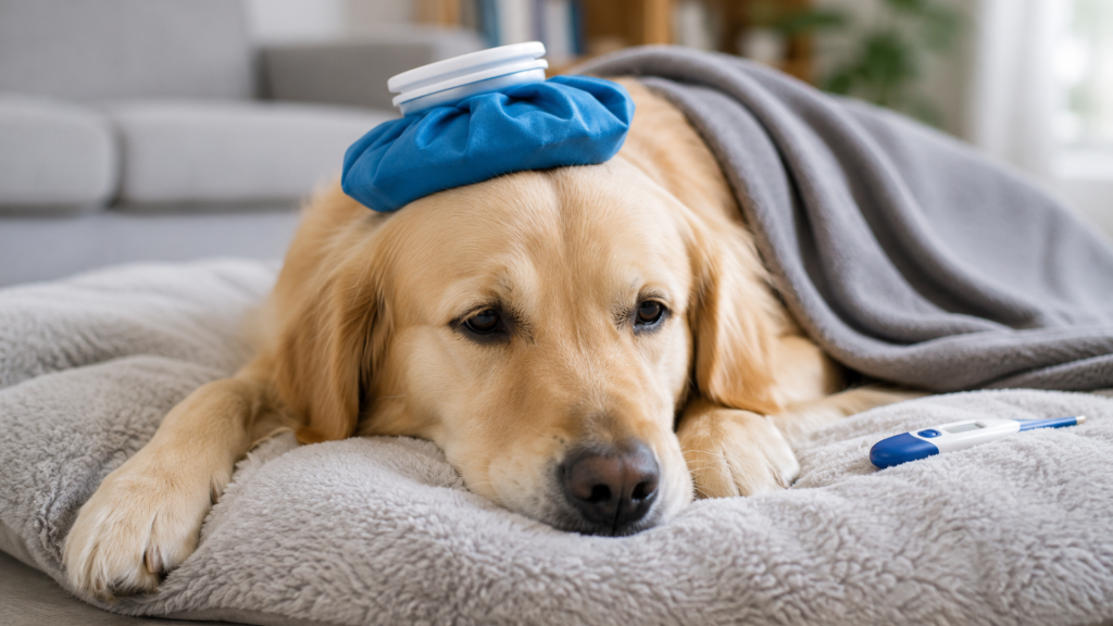 Stuffed golden retriever toy under a blanket with an ice pack and thermometer, used to illustrate How to Tell If a Dog Has a Fever // Healthier Pets Today