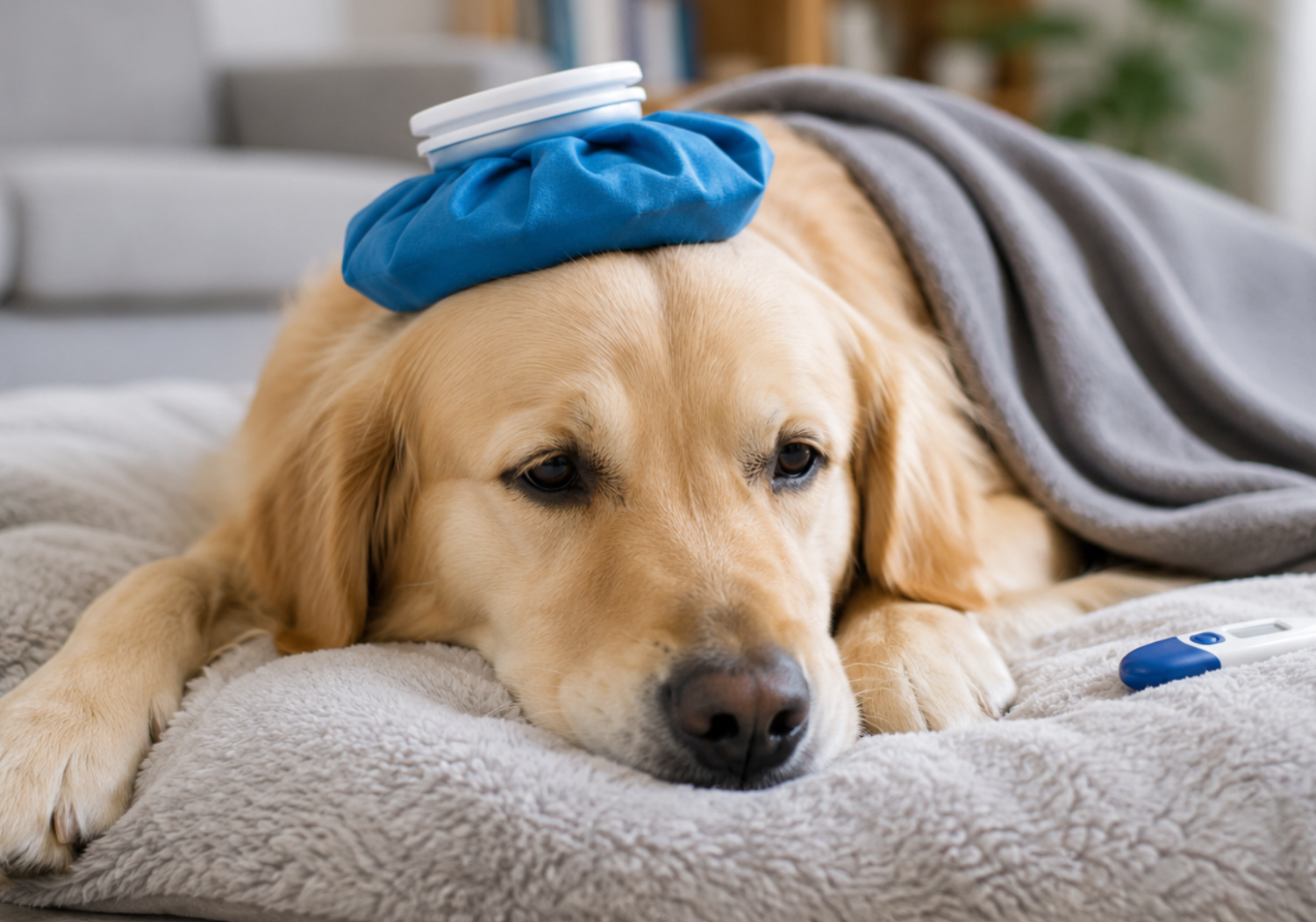 Stuffed golden retriever toy under a blanket with an ice pack and thermometer, used to illustrate How to Tell If a Dog Has a Fever // Healthier Pets Today