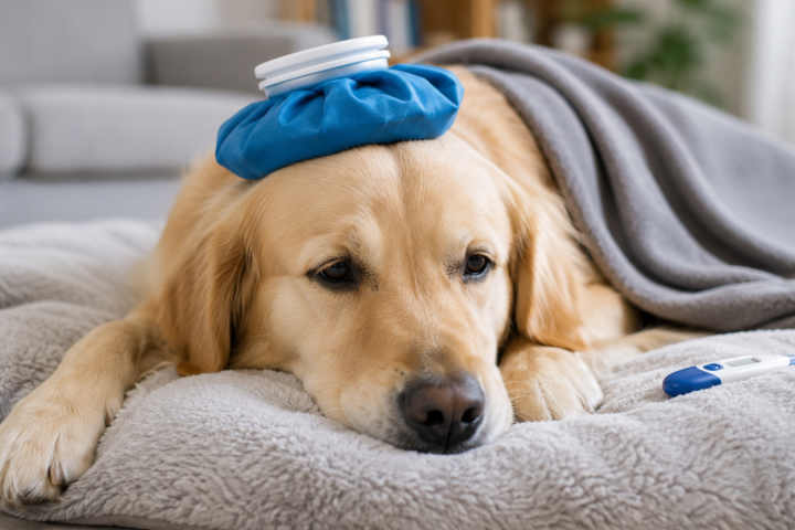 Stuffed golden retriever toy under a blanket with an ice pack and thermometer, used to illustrate How to Tell If a Dog Has a Fever // Healthier Pets Today