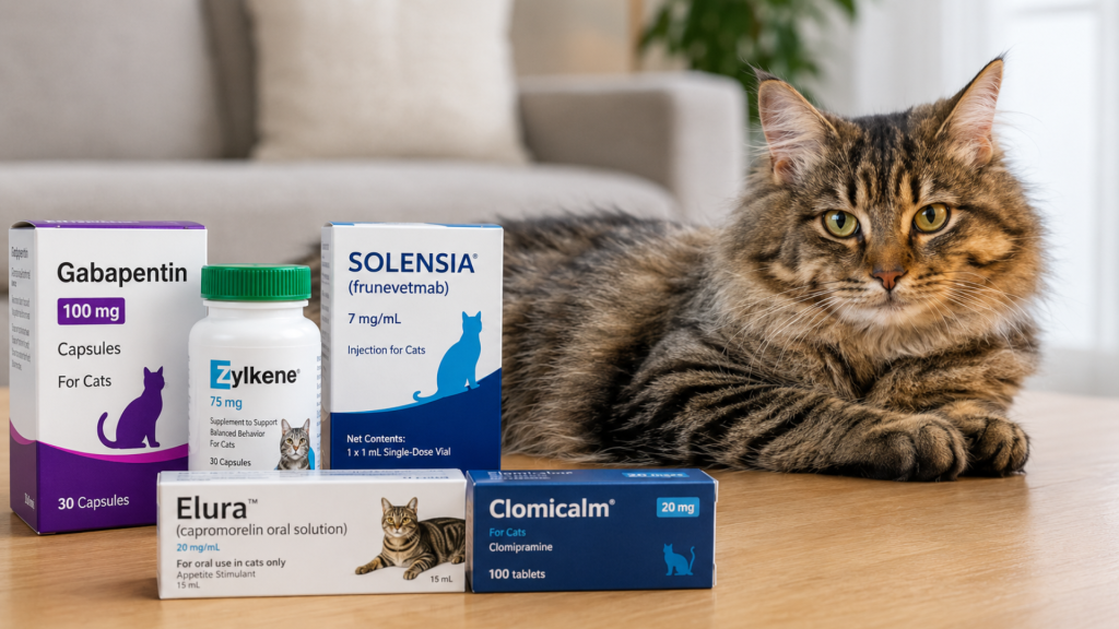 Long-haired tabby cat resting beside common anxiety meds for cats, including gabapentin, Zylkene, Solensia, Elura, and Clomicalm // Healthier Pets Today