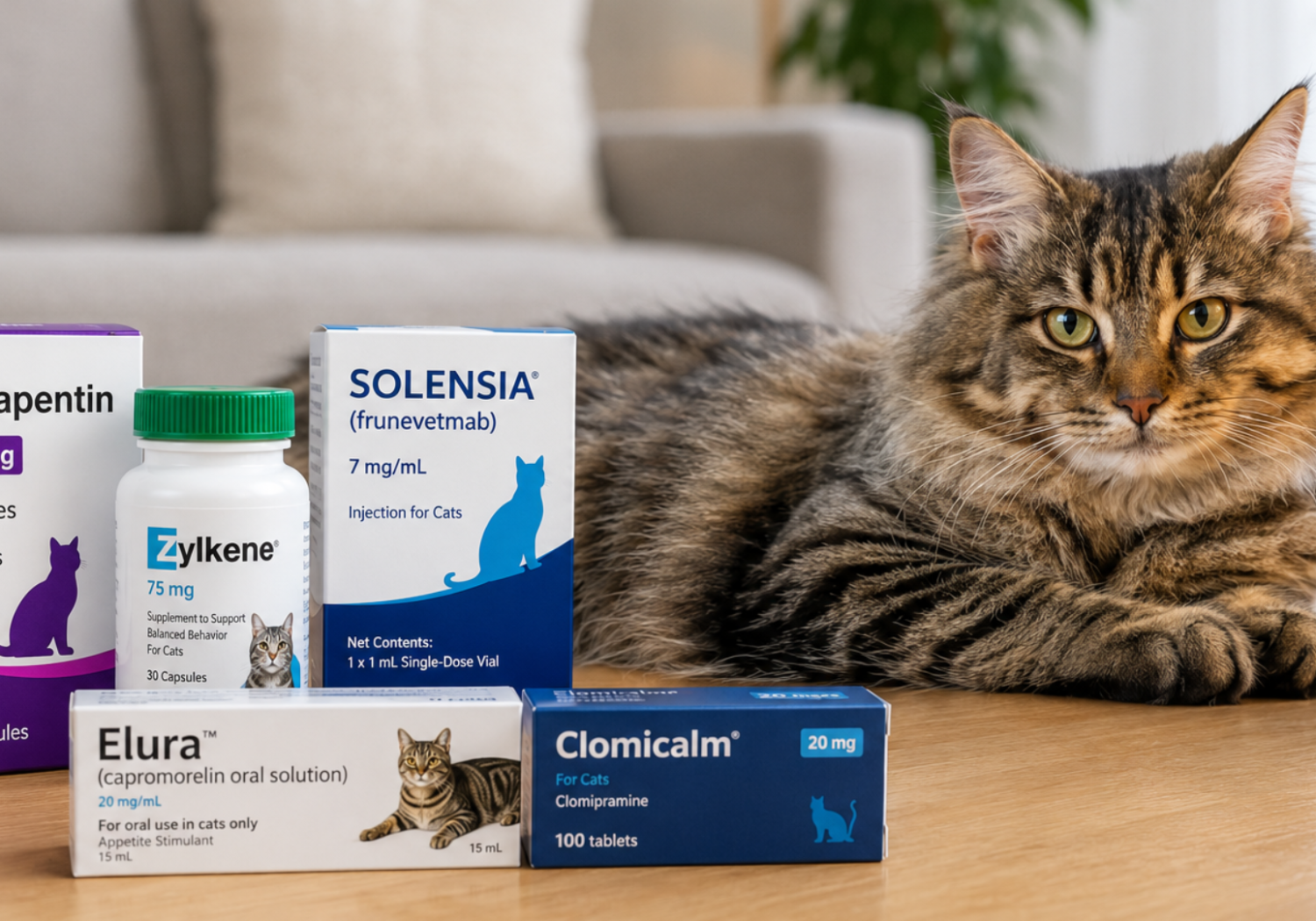 Long-haired tabby cat resting beside common anxiety meds for cats, including gabapentin, Zylkene, Solensia, Elura, and Clomicalm // Healthier Pets Today