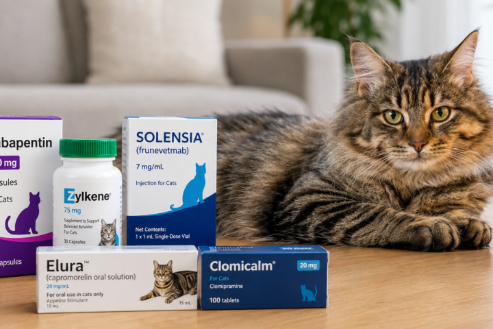 Long-haired tabby cat resting beside common anxiety meds for cats, including gabapentin, Zylkene, Solensia, Elura, and Clomicalm // Healthier Pets Today