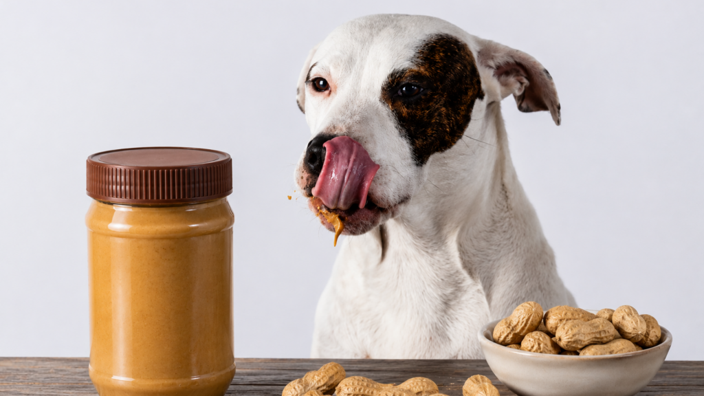 Can dogs have peanuts? A white dog licking peanut butter from its mouth while sitting beside a jar of peanut butter and a bowl filled with peanuts in their shells // Healthier Pets Today